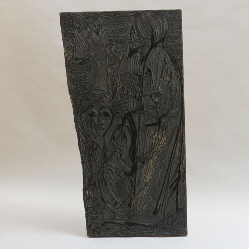 Gravure sur bois originale des années 1950 Bloc d’impression en bois sculpté par Pauline Jacobsen Lazareth