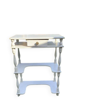 Small white wooden side table, Hungarian design from the 1960s, with a drawer and shelves.
