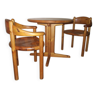 Pair armchairs and table in patinated pine  Rainer Daumiller attr., 1960s