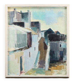 Original Swedish mid-century oil on canvas – “City” by Gustaf Höglund – vintage & framed – 80 × 70 cm