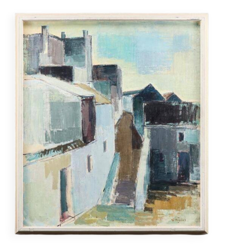 Huile sur toile suédoise d'époque mid-century – « Ville » par Gustaf Höglund – vintage et encadrée – 80 × 70 cm
