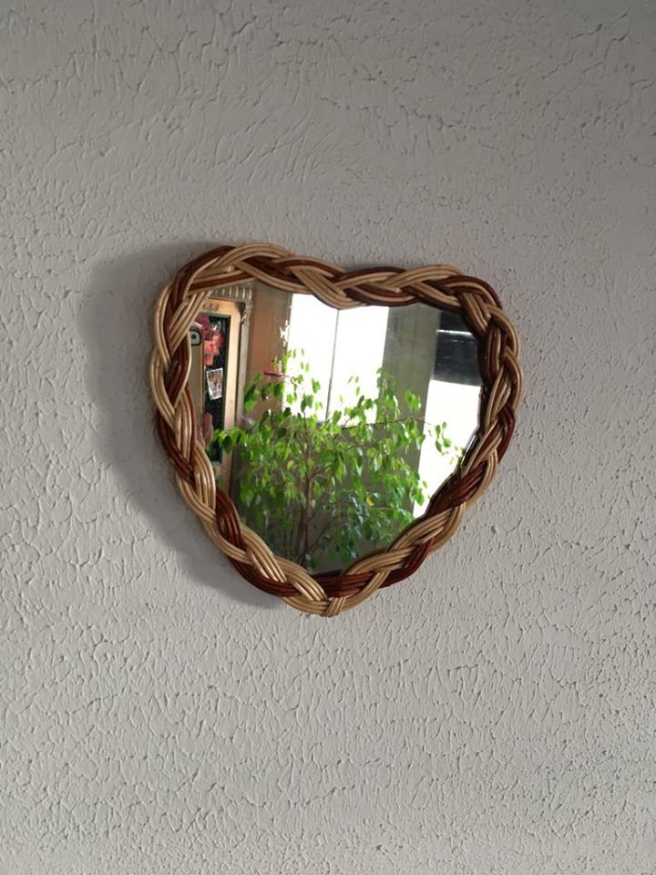 Heart shaped mirror two-tone braided wicker