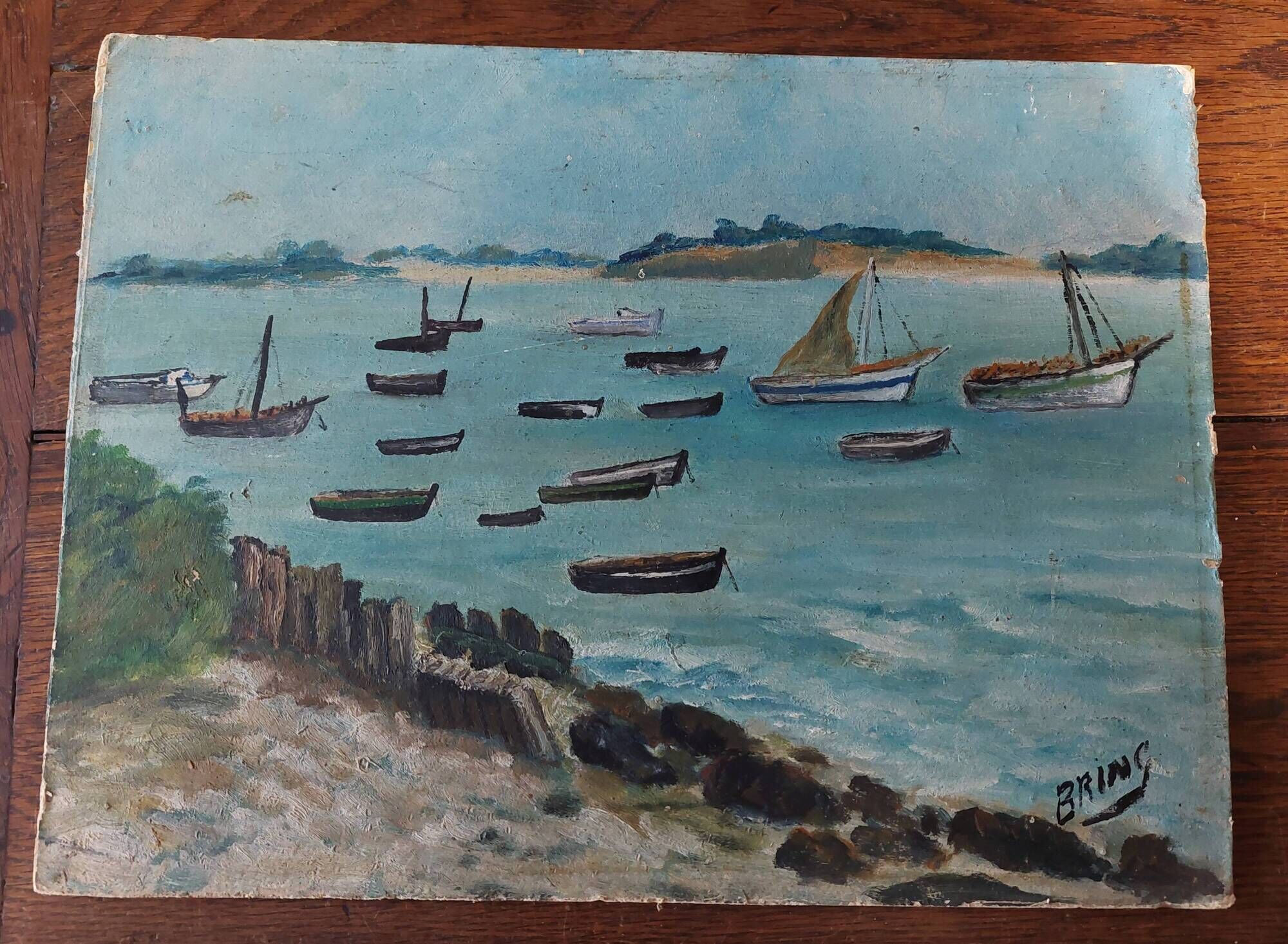 Oil painting on seaside marine cardboard