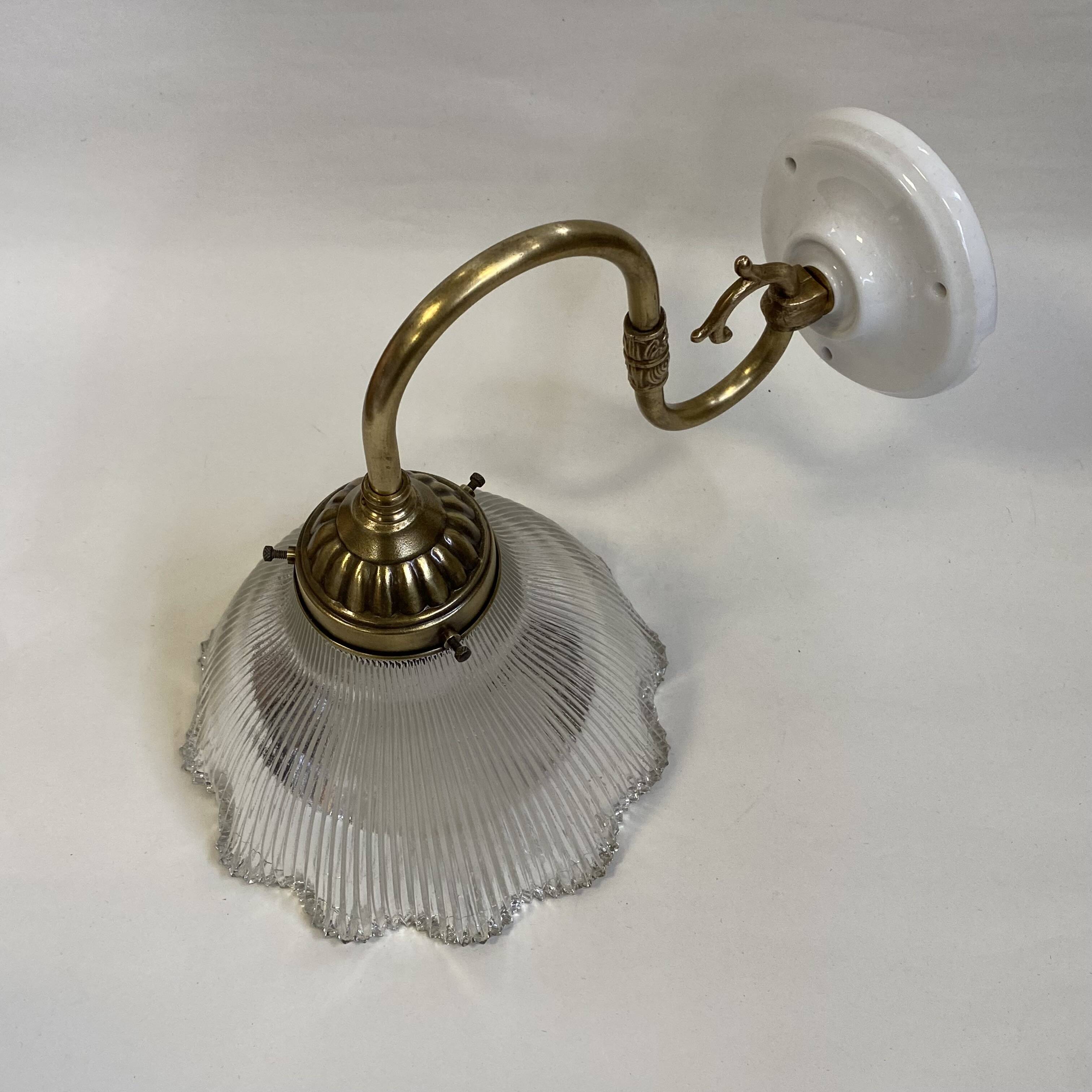 Swan neck wall light, brass, glass, holophane type, porcelain fixing