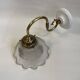 Swan neck wall light, brass, glass, holophane type, porcelain fixing