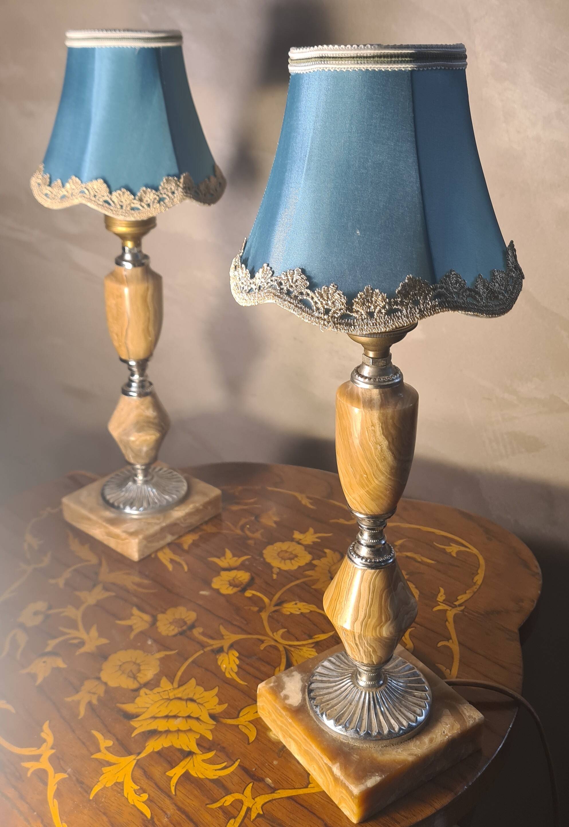 Pair of classic 1970 marble bedside lamps, new lampshades, electrical in working order, 39x14.