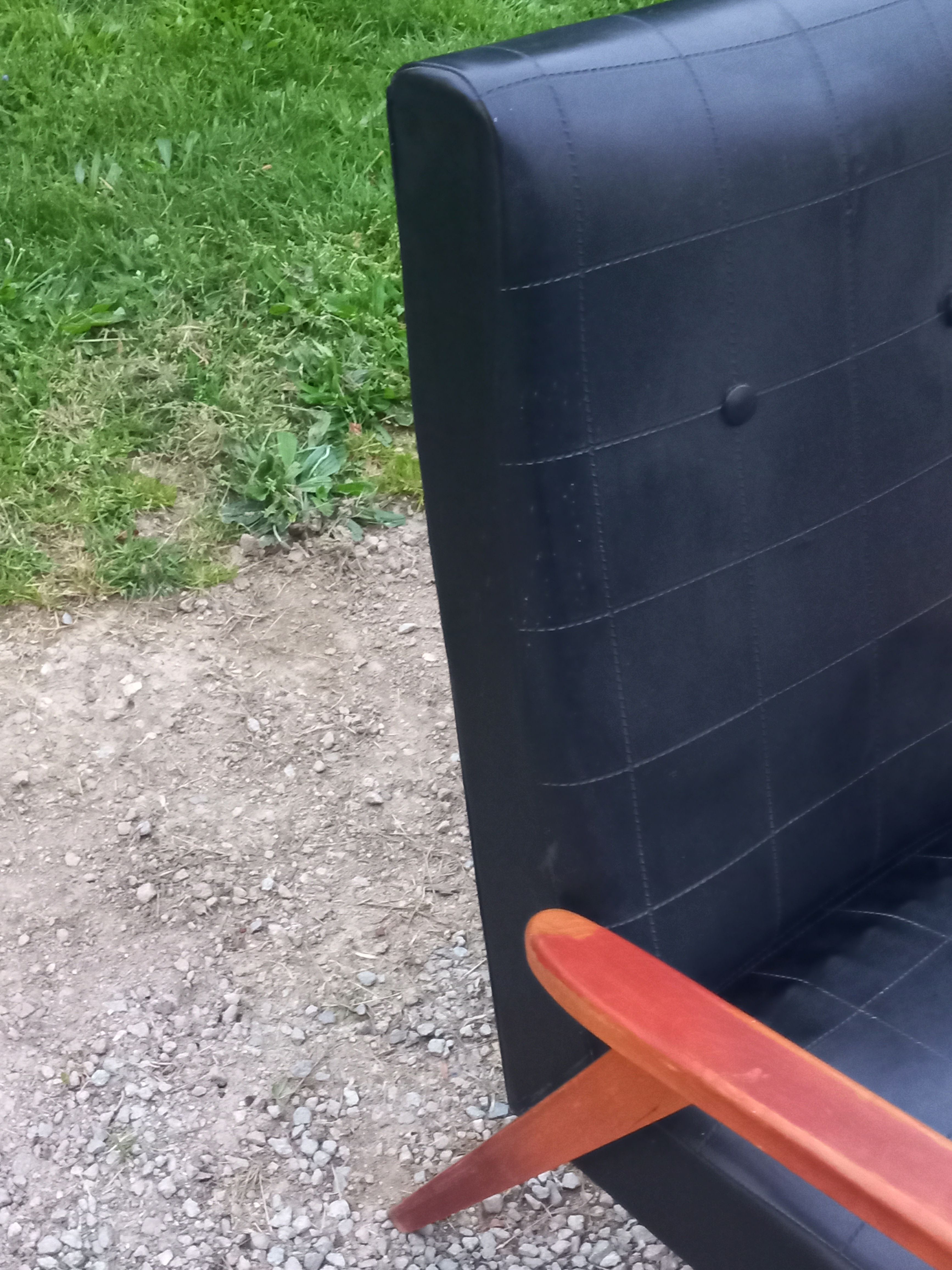 Pair of vintage beech armchairs feet compass covered with black moleskine from the 50s