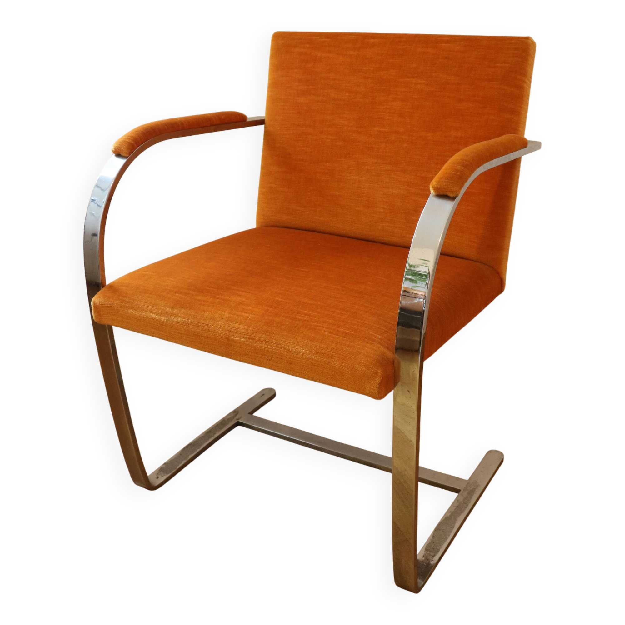 Chrome-plated metal and orange fabric armchair, 1970
