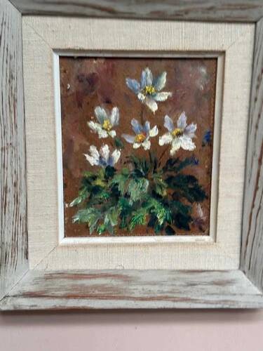 Mid-Century Oil on Panel “Flowers” by Unknown Artist, Vintage & Framed 20 × 23cm