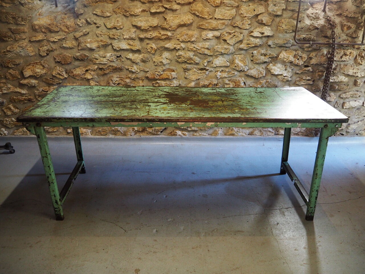 Green patinated metal workshop table 1950