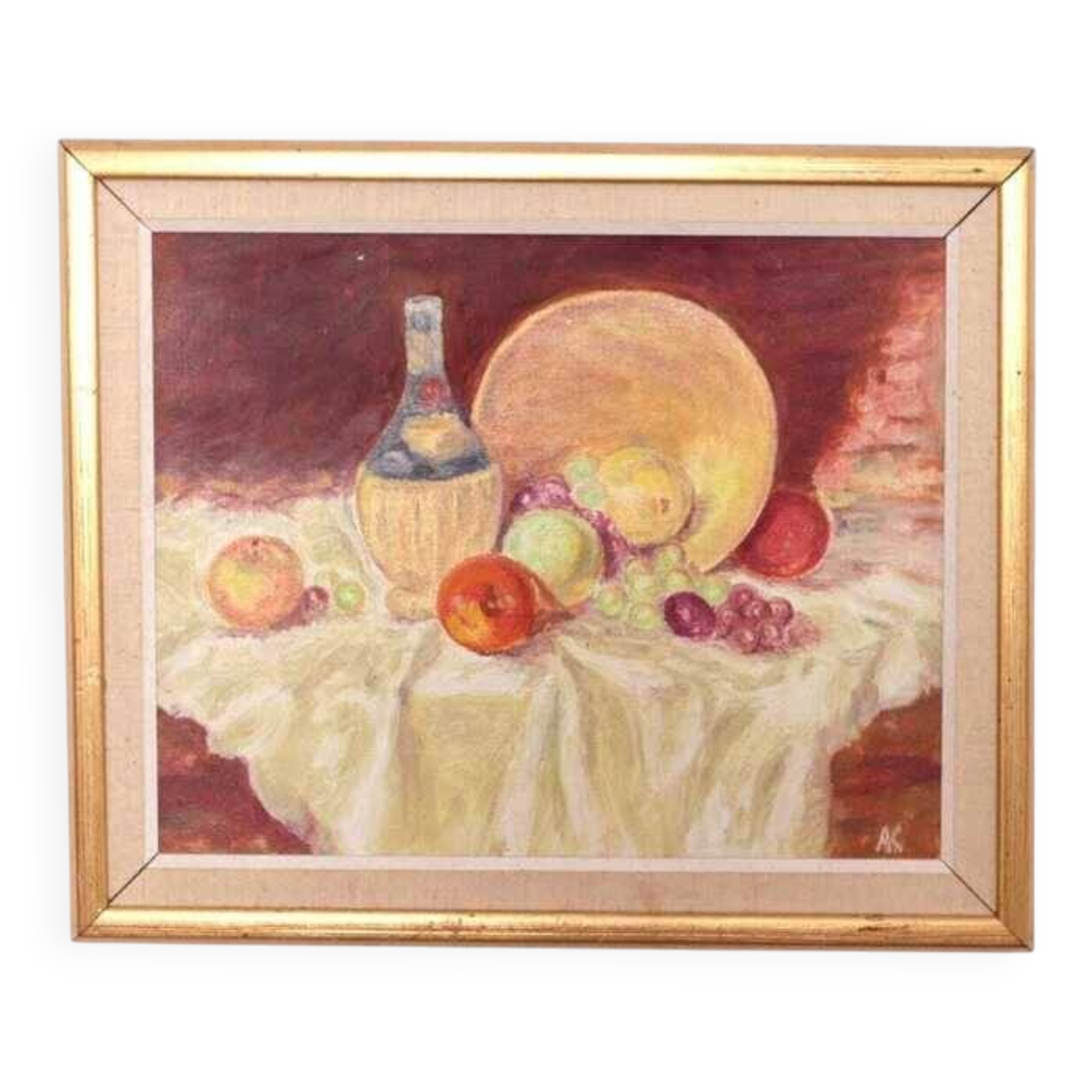 Original Swedish oil on canvas – “Still Life with Fruit and Bottle” by A.K. – vintage & framed – 40 × 48 cm (15.7" × 18.9")