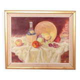 Original Swedish oil on canvas – “Still Life with Fruit and Bottle” by A.K. – vintage & framed – 40 × 48 cm (15.7" × 18.9")