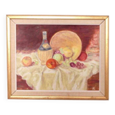 Original Swedish oil on canvas – “Still Life with Fruit and Bottle” by A.K. – vintage & framed – 40 × 48 cm (15.7" × 18.9")