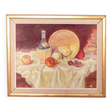 Original Swedish oil on canvas – “Still Life with Fruit and Bottle” by A.K. – vintage & framed – 40 × 48 cm (15.7" × 18.9")