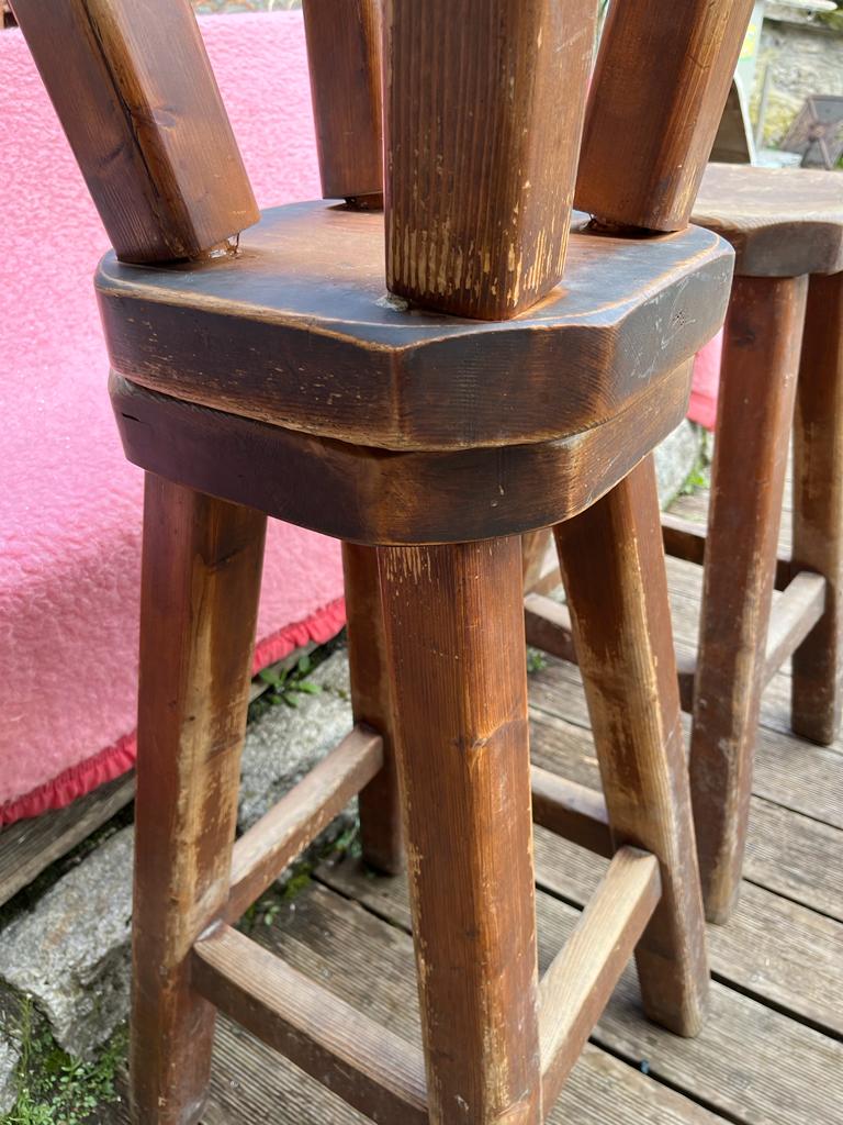 Set of 4 old vintage brutalist fir bar stools