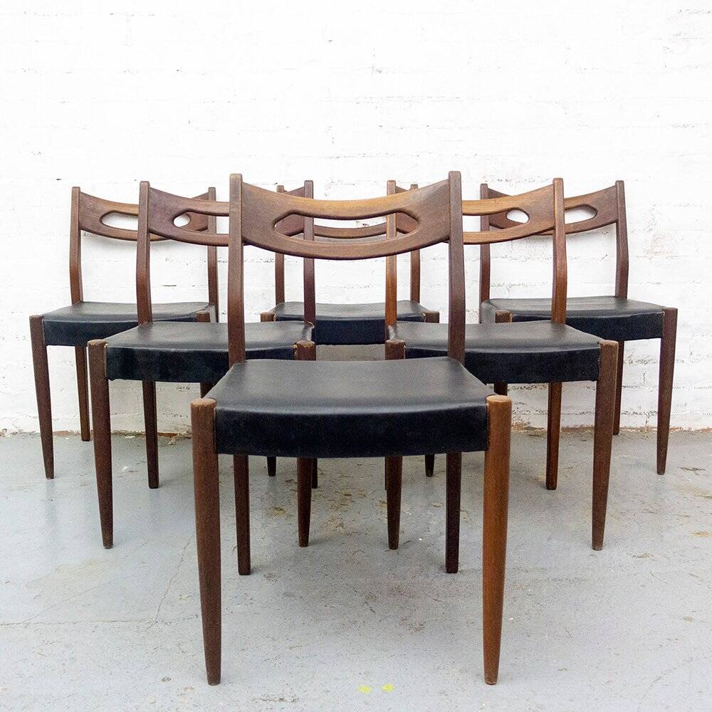Teak and Black Leatherette Chairs, 1950s, Set of 6