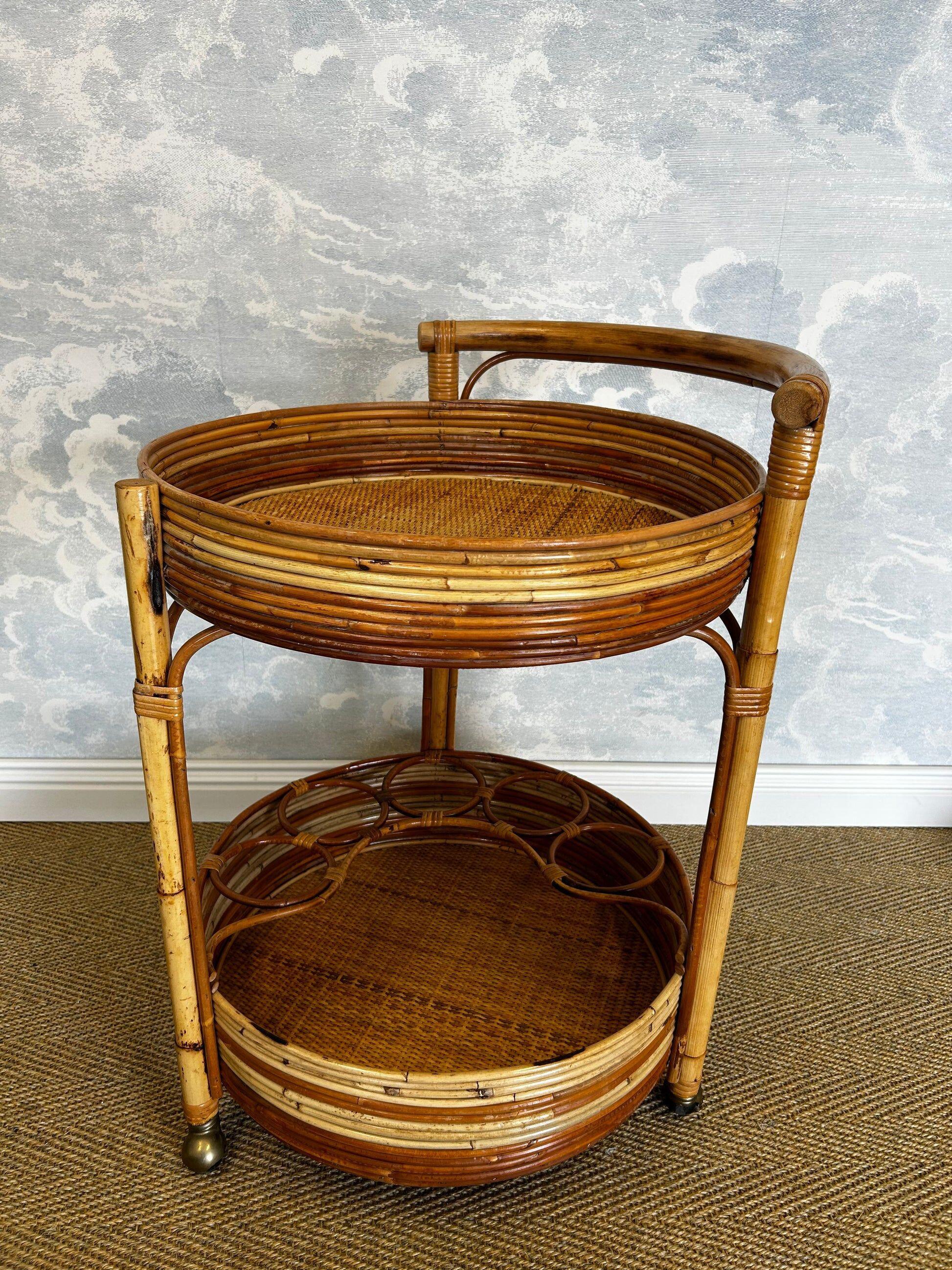 2-tiered round bamboo bar cart in the style of Vivai del Sud, Italy, 1960s