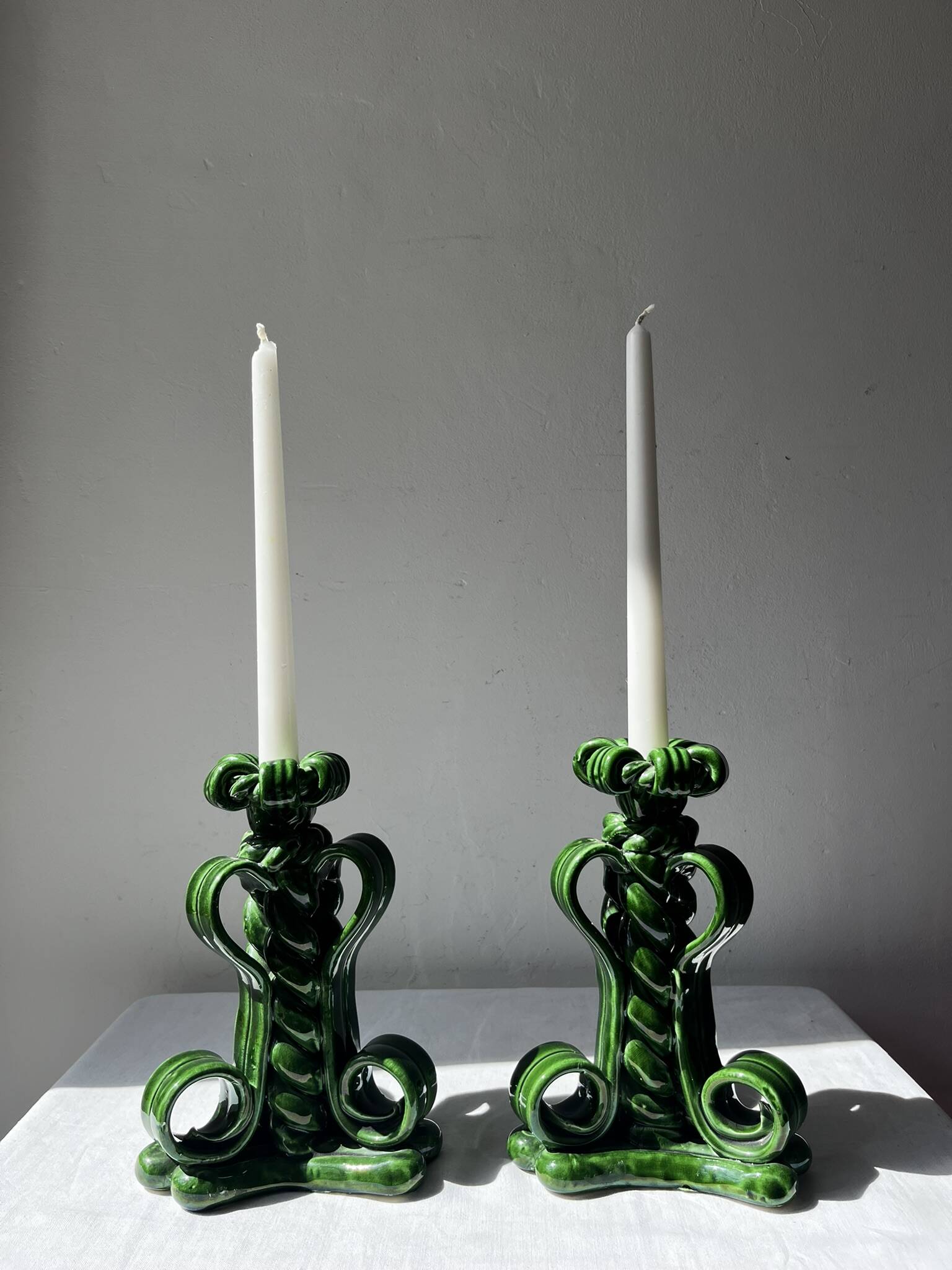 Lot of woven ceramic candle holders in green Vallauris.