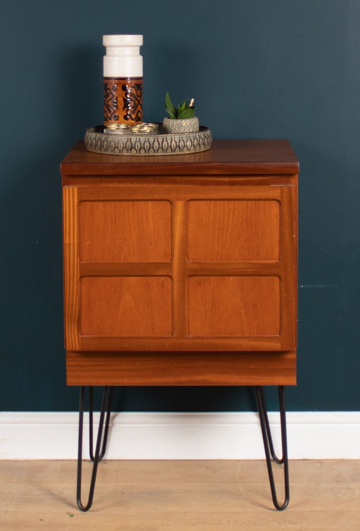 Restored Teak Retro 1960s Nathan Squares Lamp Table Cabinet Hair Pin Legs