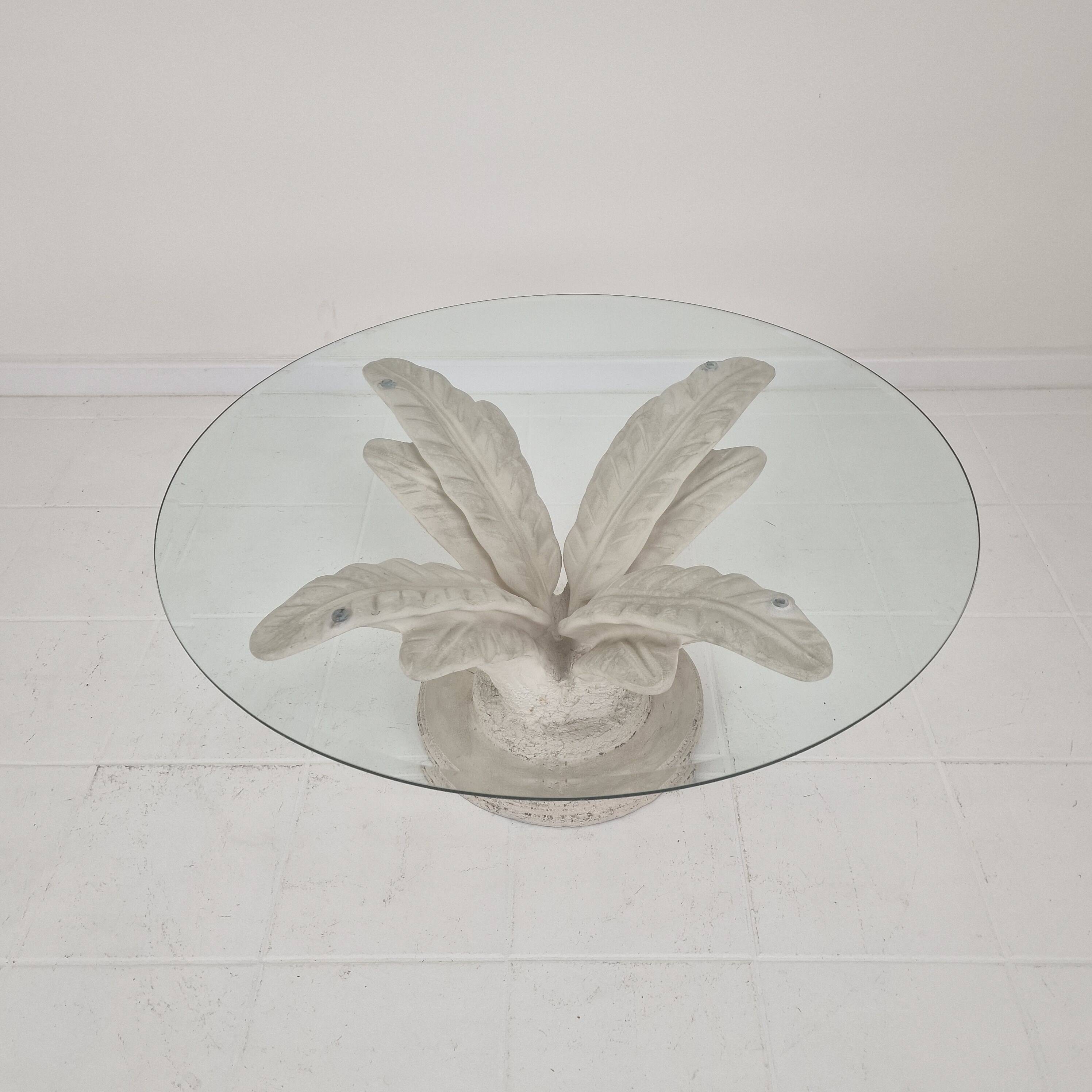 Italian "Flower" Coffee Table in Plaster With Facet Cut Round Plate, 1970s