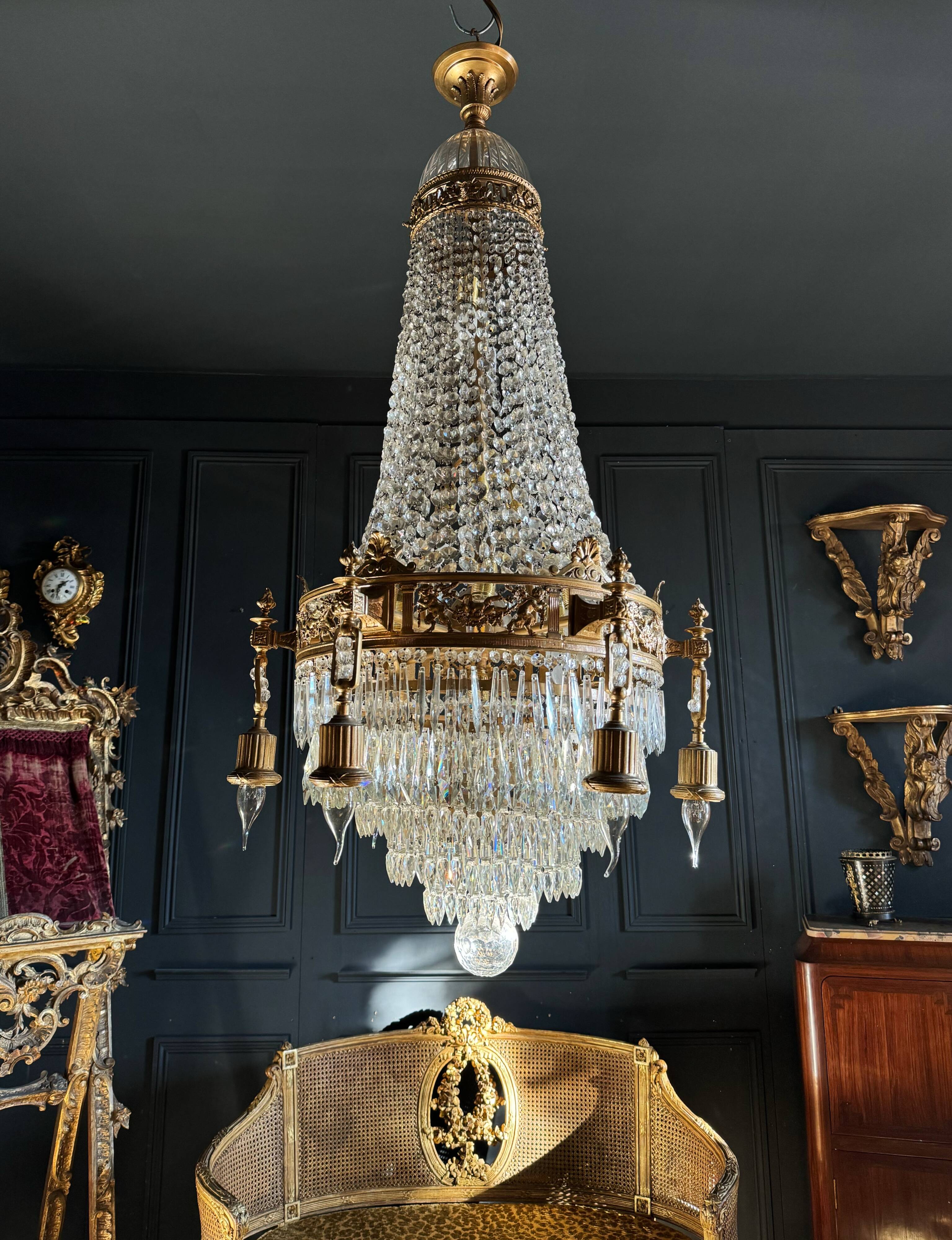 19th Century Louis XVI Style Gilt Bronze Chandelier With Crystal Tassels - H125cm