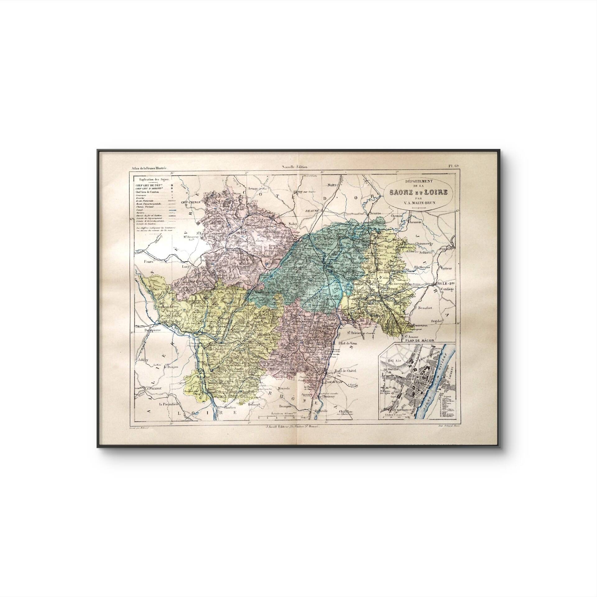Saône and Loire, old map printed in 1883.