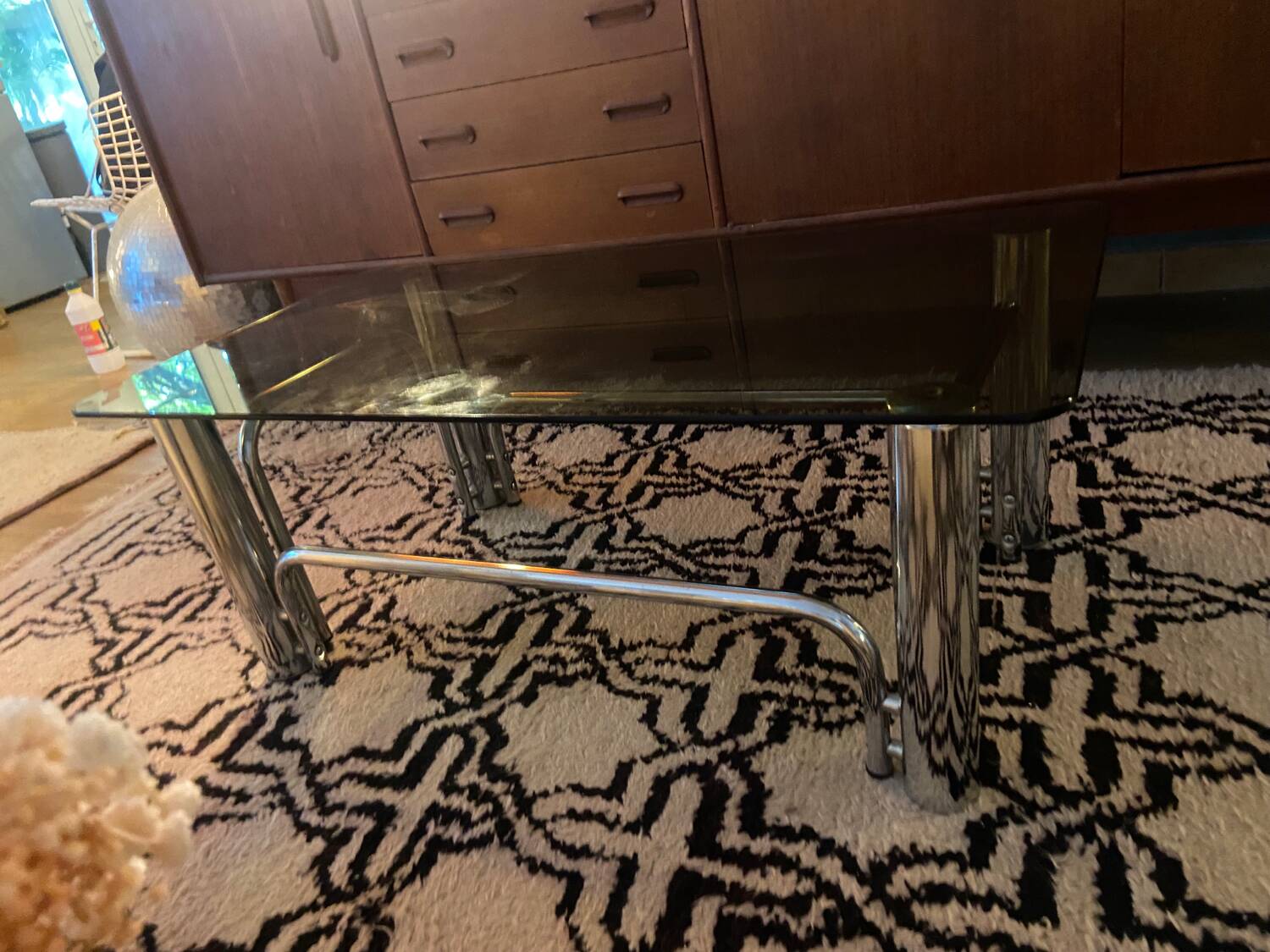 Coffee table in metal and smoked glass from the 70s