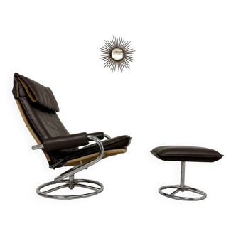 Ancien fauteuil en cuir inclinable et son ottoman design années 70 