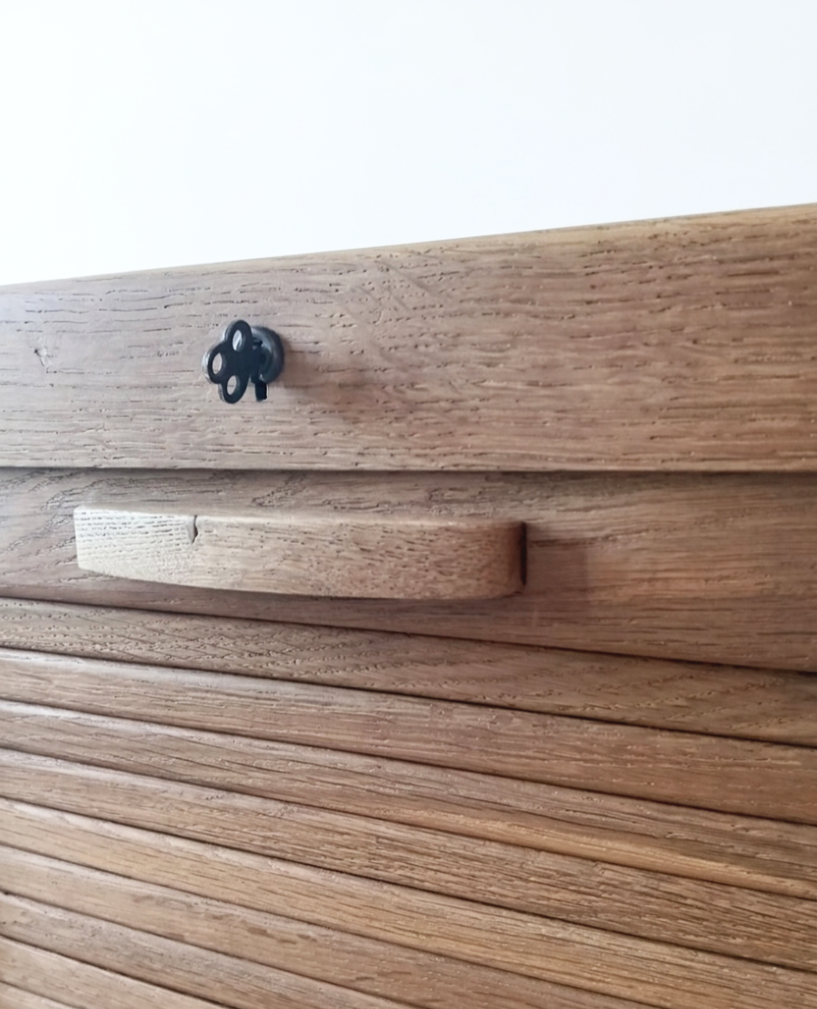 Solid oak filing cabinet with curtains
