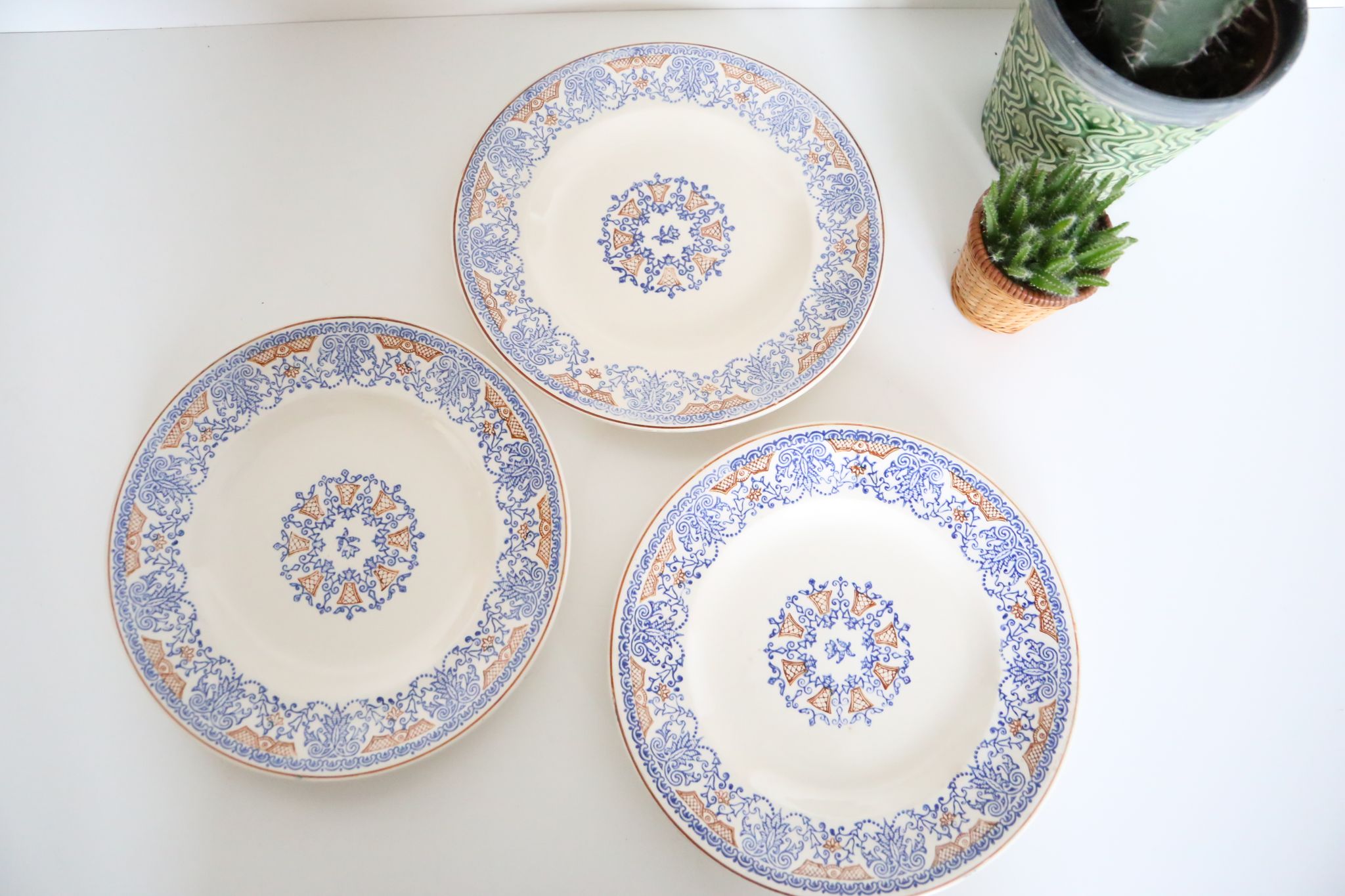 Set of 9 flat plates of Longwy Rouennais motif