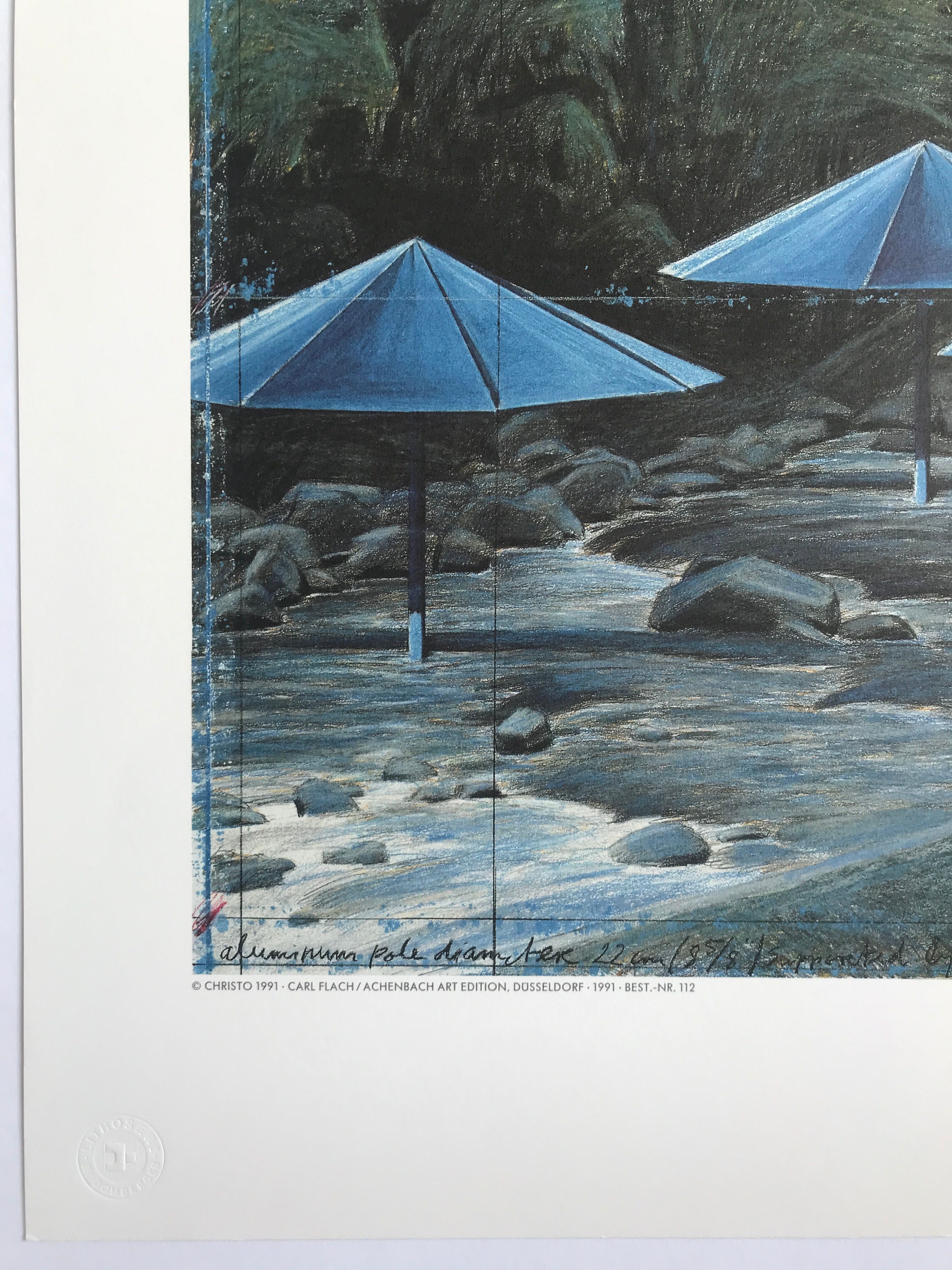 Lithographie sur carton de Christo, Les Parapluies, Japon - Etats-Unis, 1991