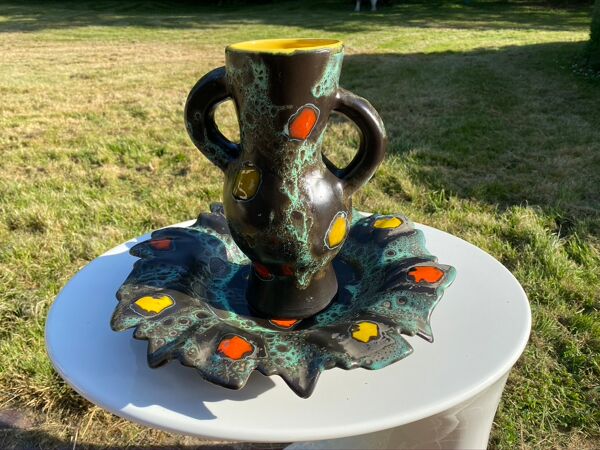 Vase et plat poet laval 1950/60 forme libre signé yvonne