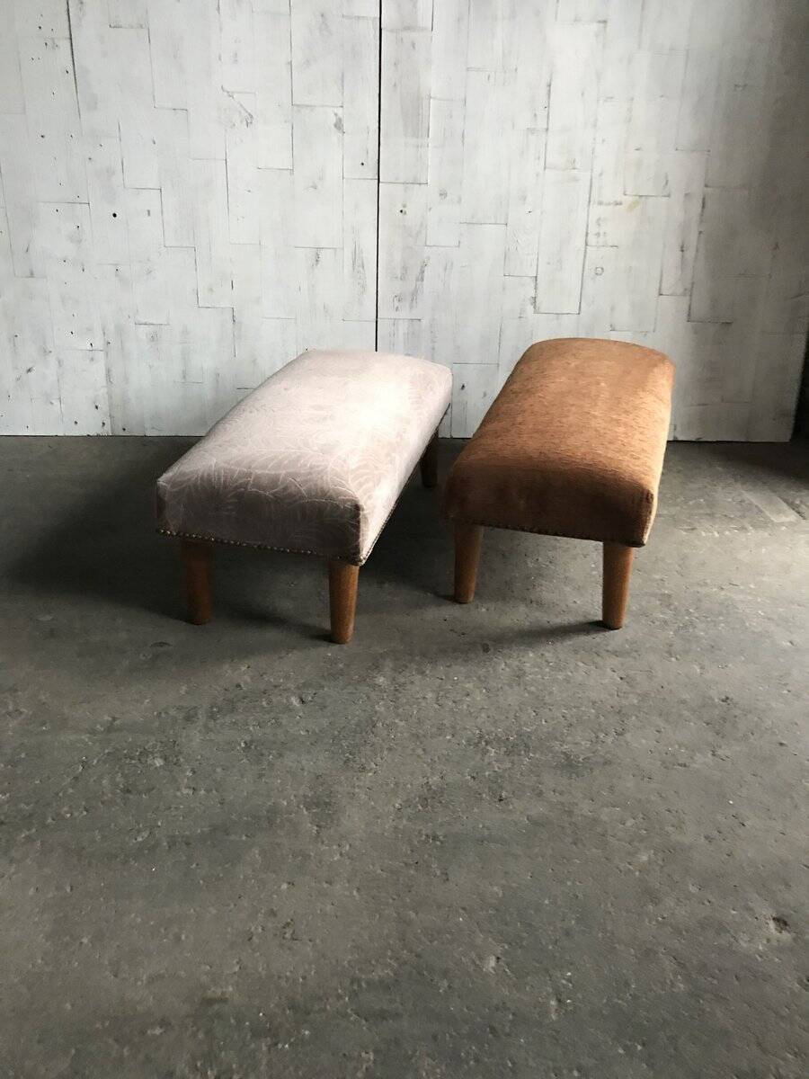 Pair of brown and white solid beech ottomans with contrasting fabrics - 1960s