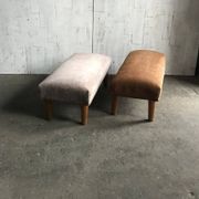 Pair of brown and white solid beech ottomans with contrasting fabrics - 1960s