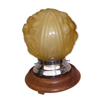 Wooden and art deco-style moulded glass table lamp