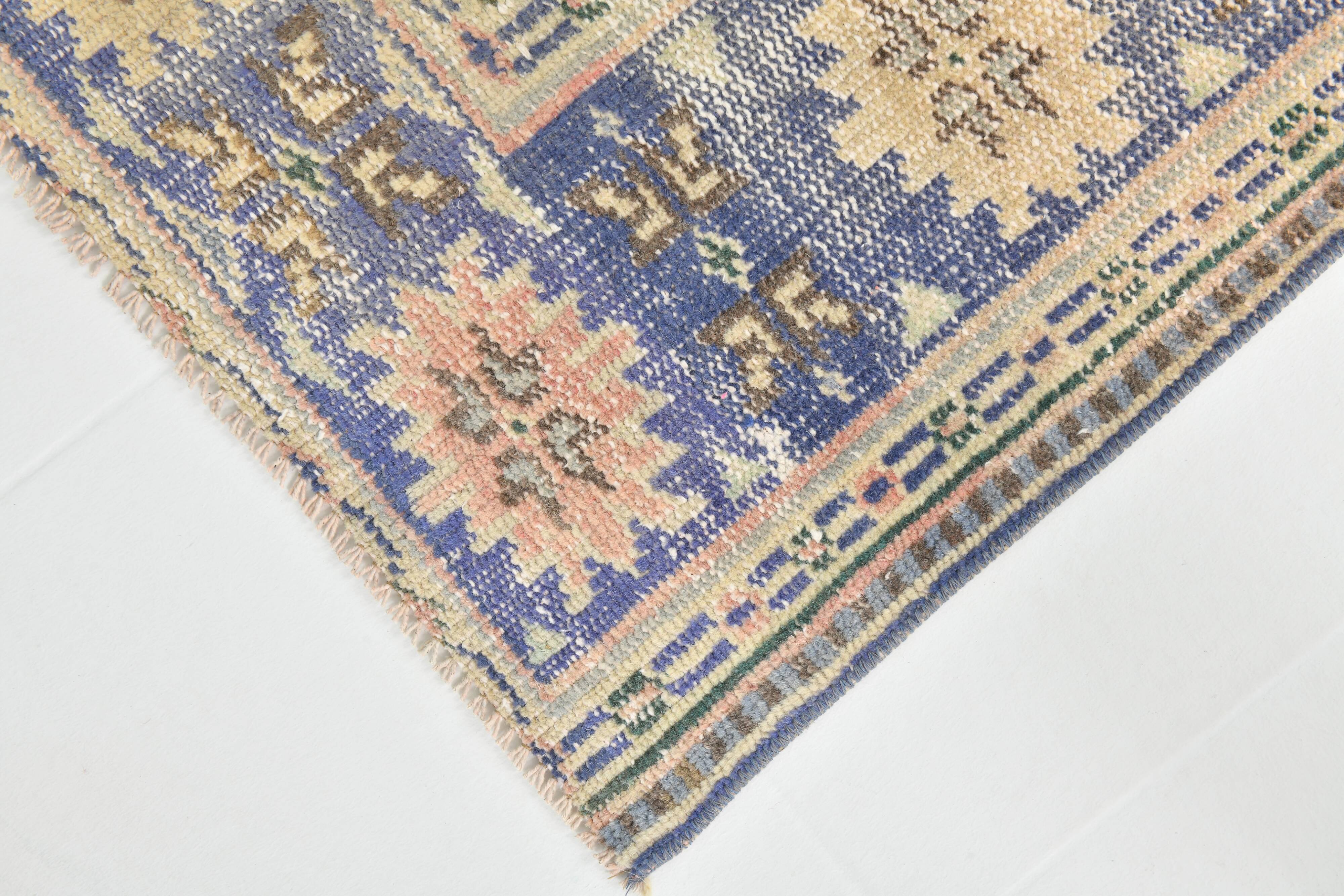 Grand Tapis Oushak Vintage, Laine Fait Main, Pêche et Bleu, 194x267 Cm