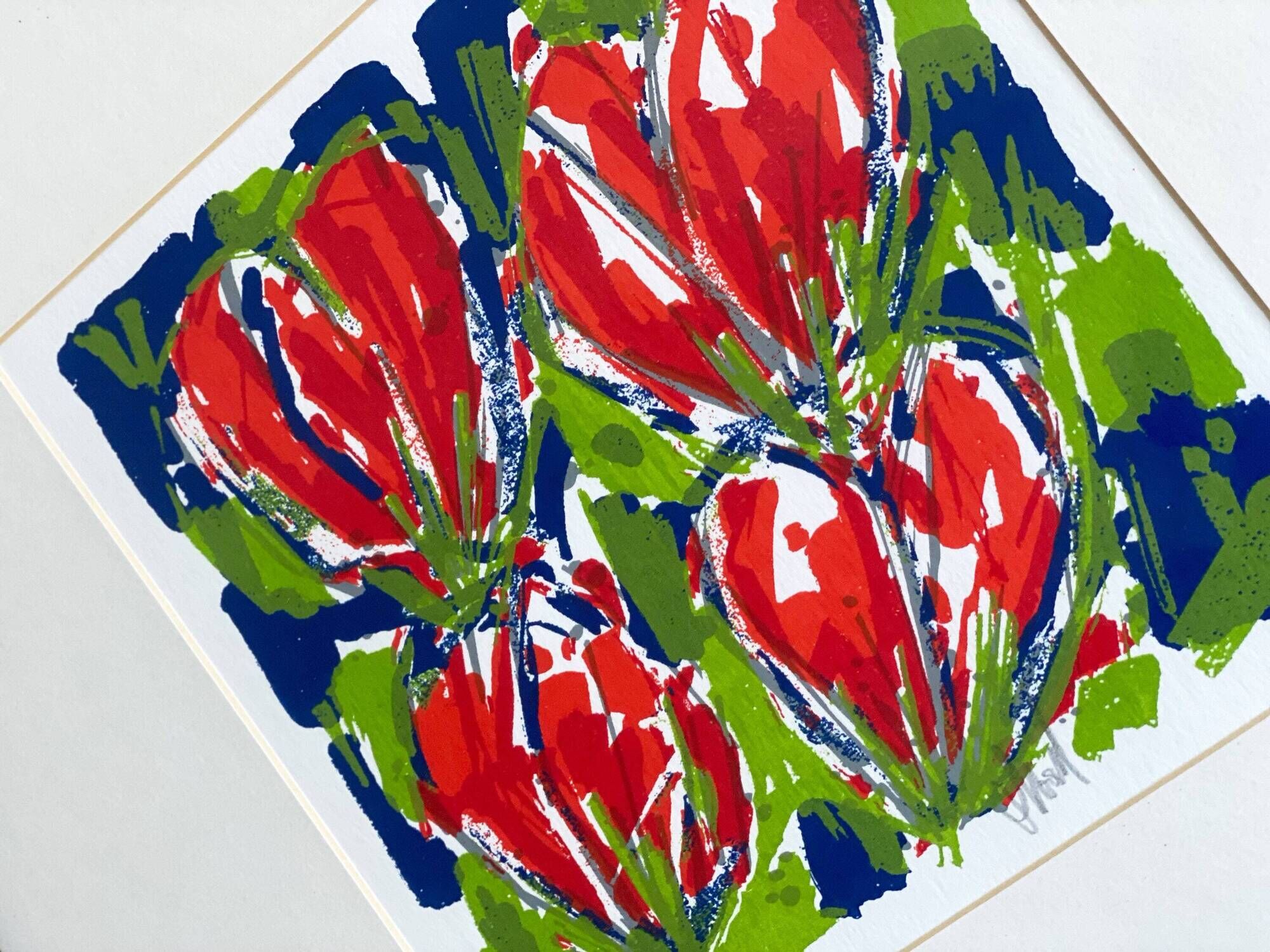 Cheerful silkscreen "red tulips" by Ad van Hassel, Dutch art