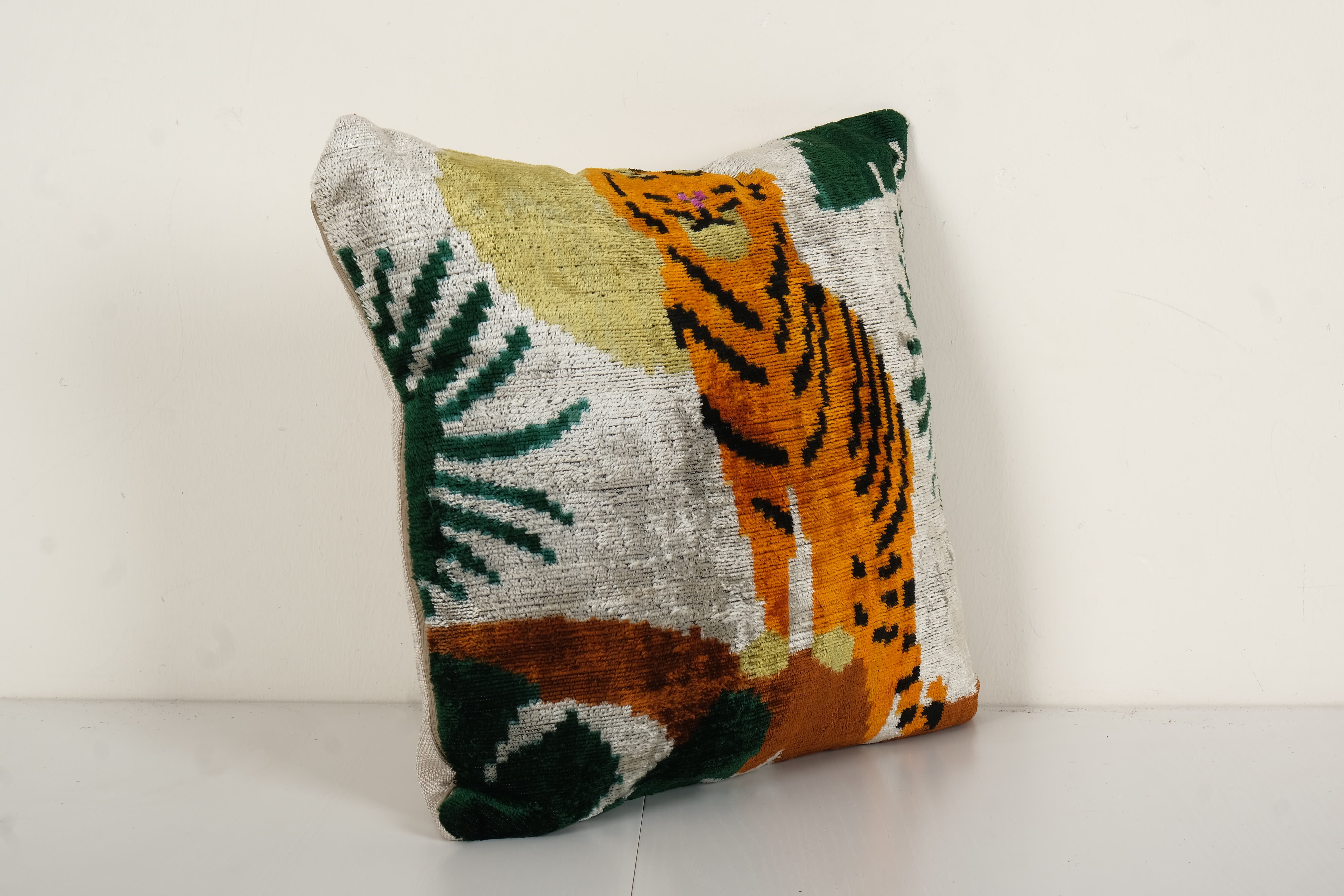 Square Silk Tiger Ikat Velvet Pillow, Yellow Animal Pattern Ethnic Cushion, Handloom Ethnic Pillow