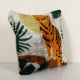 Square Silk Tiger Ikat Velvet Pillow, Yellow Animal Pattern Ethnic Cushion, Handloom Ethnic Pillow
