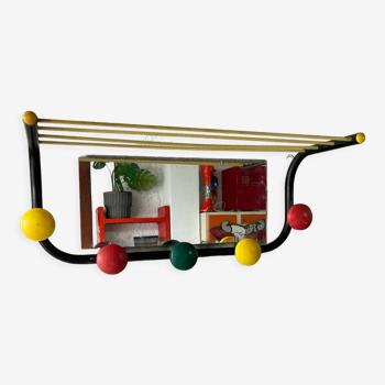 Metal wall coat rack with mirror, 5 hooks yellow red and green, hat rack scoubidou, 1960
