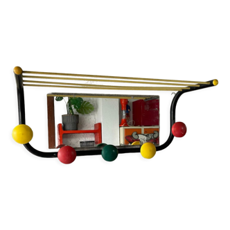 Metal wall coat rack with mirror, 5 hooks yellow red and green, hat rack scoubidou, 1960