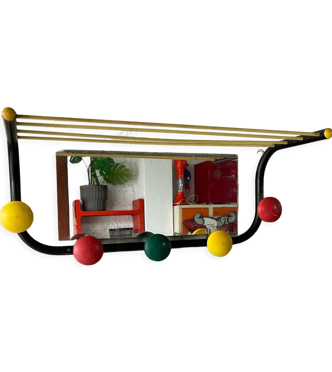 Porte manteau mural métal avec miroir 5 patères couleur jaune rouge et vert, porte chapeau scoubidou, 1960
