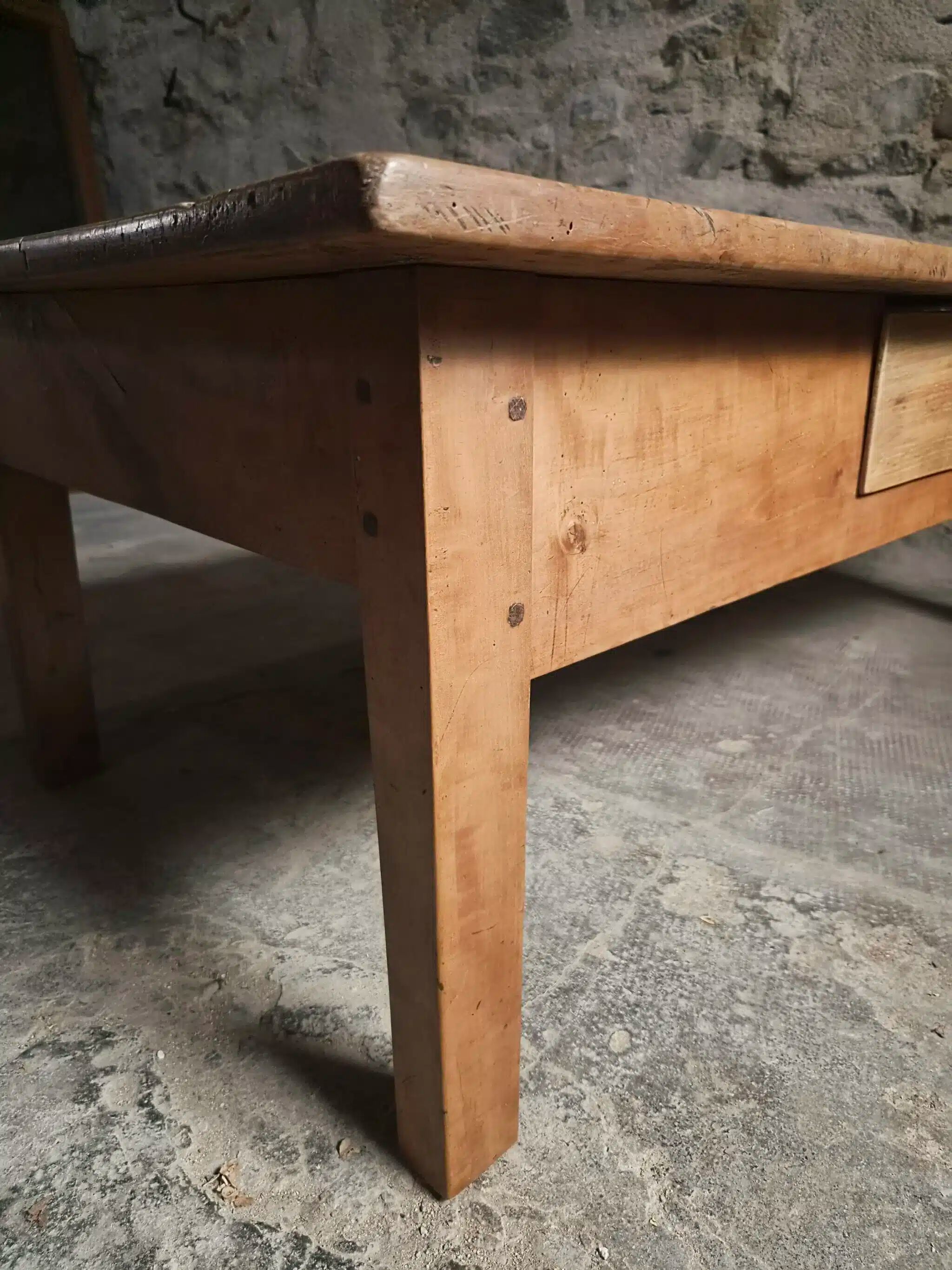 Antique cherry coffee table, rustic farmhouse table with drawer, circa 1750–1800.