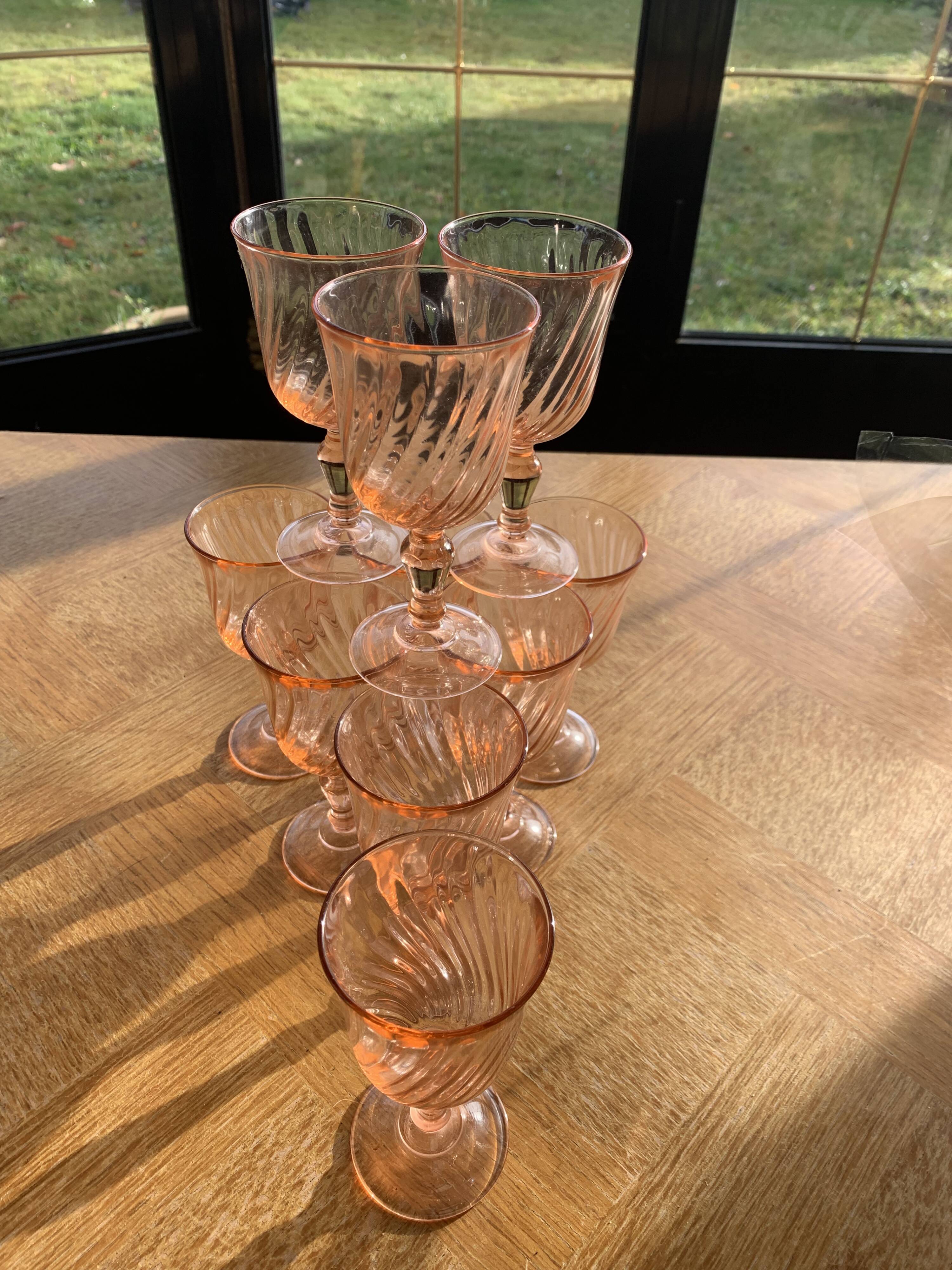 10 vintage rosaline pink glass wine glasses