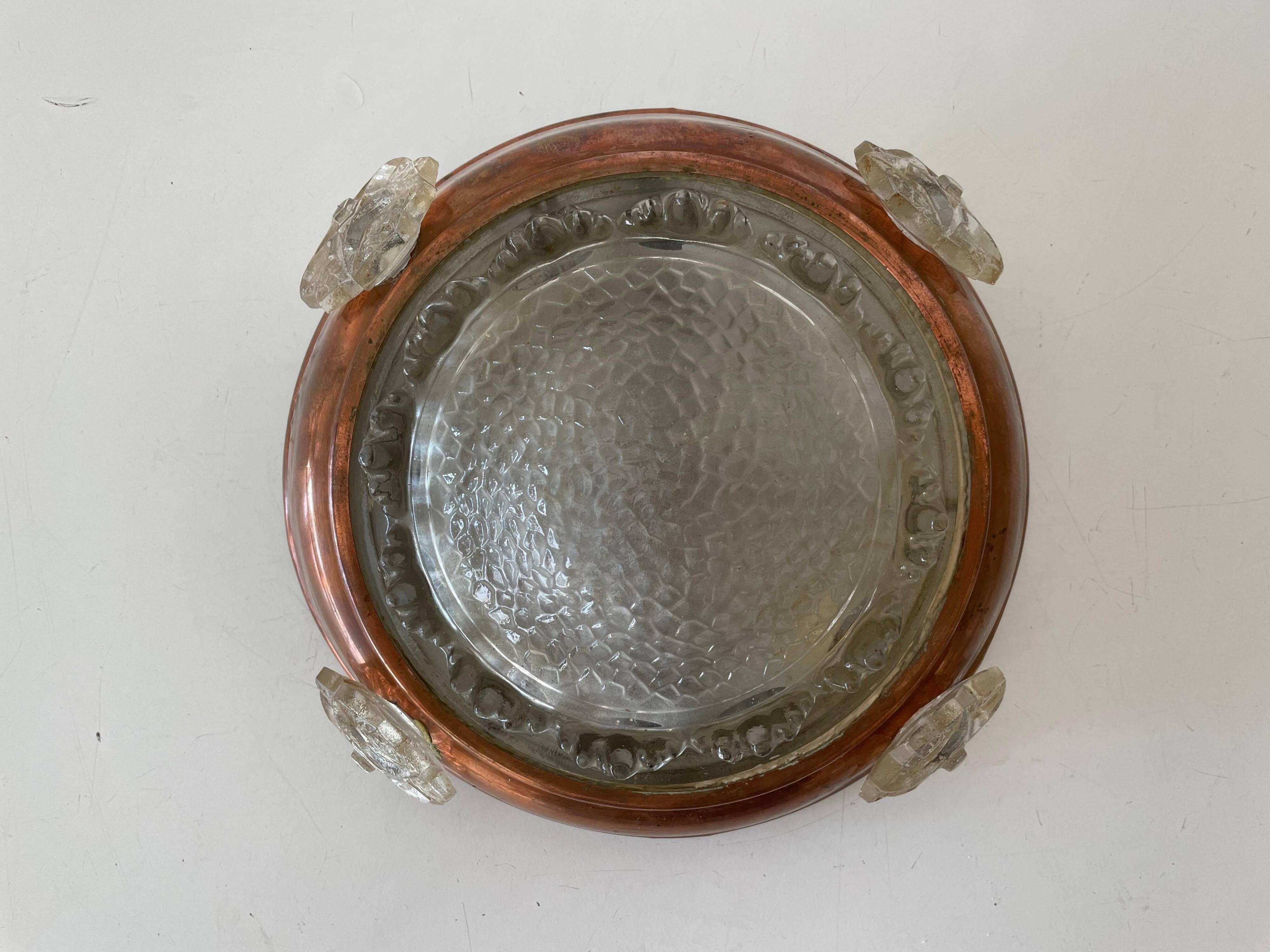 Exceptional flush ceiling light Italian Art Deco in copper and glass, 1940s, Italy