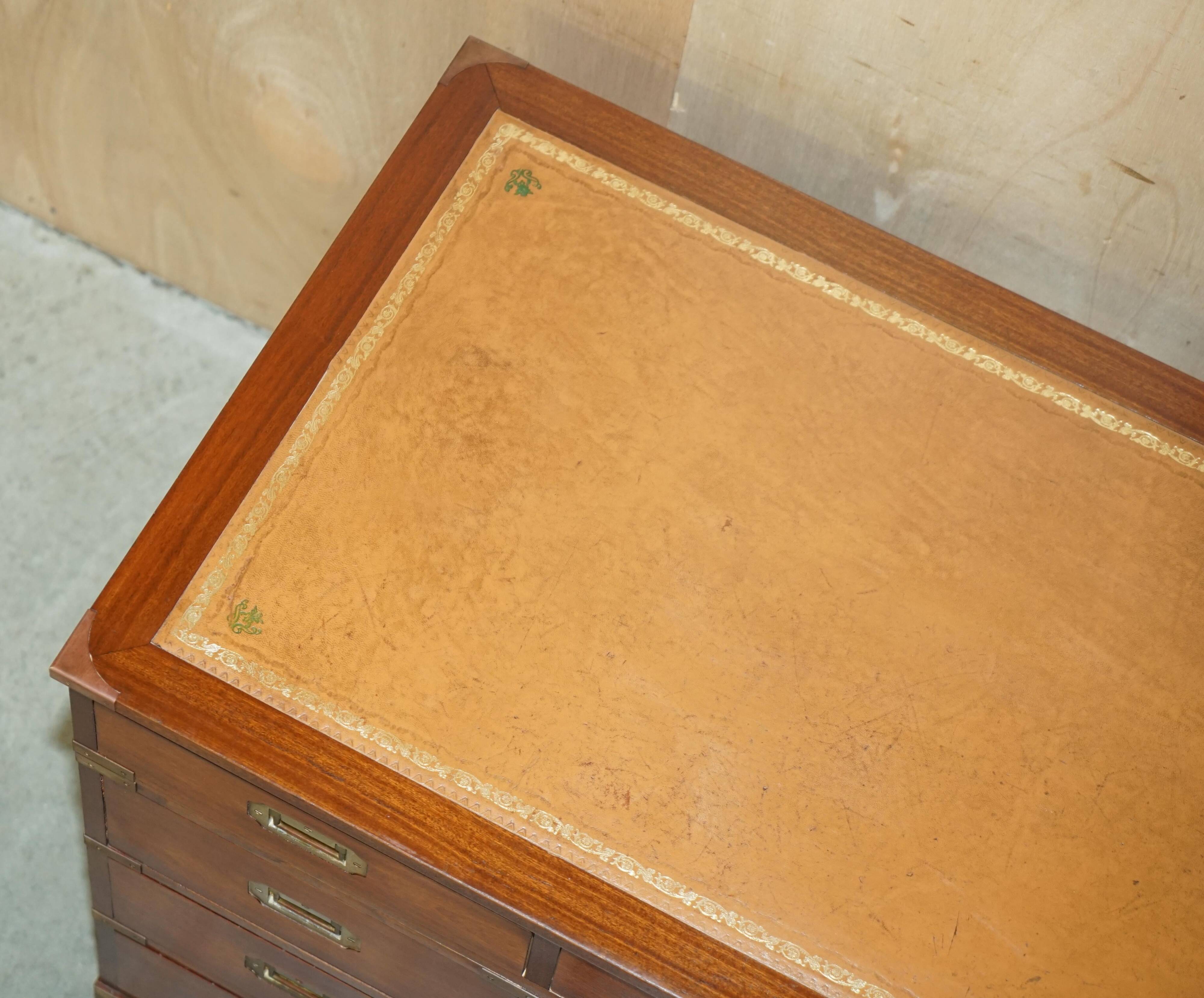 Vintage Harrods Kennedy desk in military campaign style with drawers.
