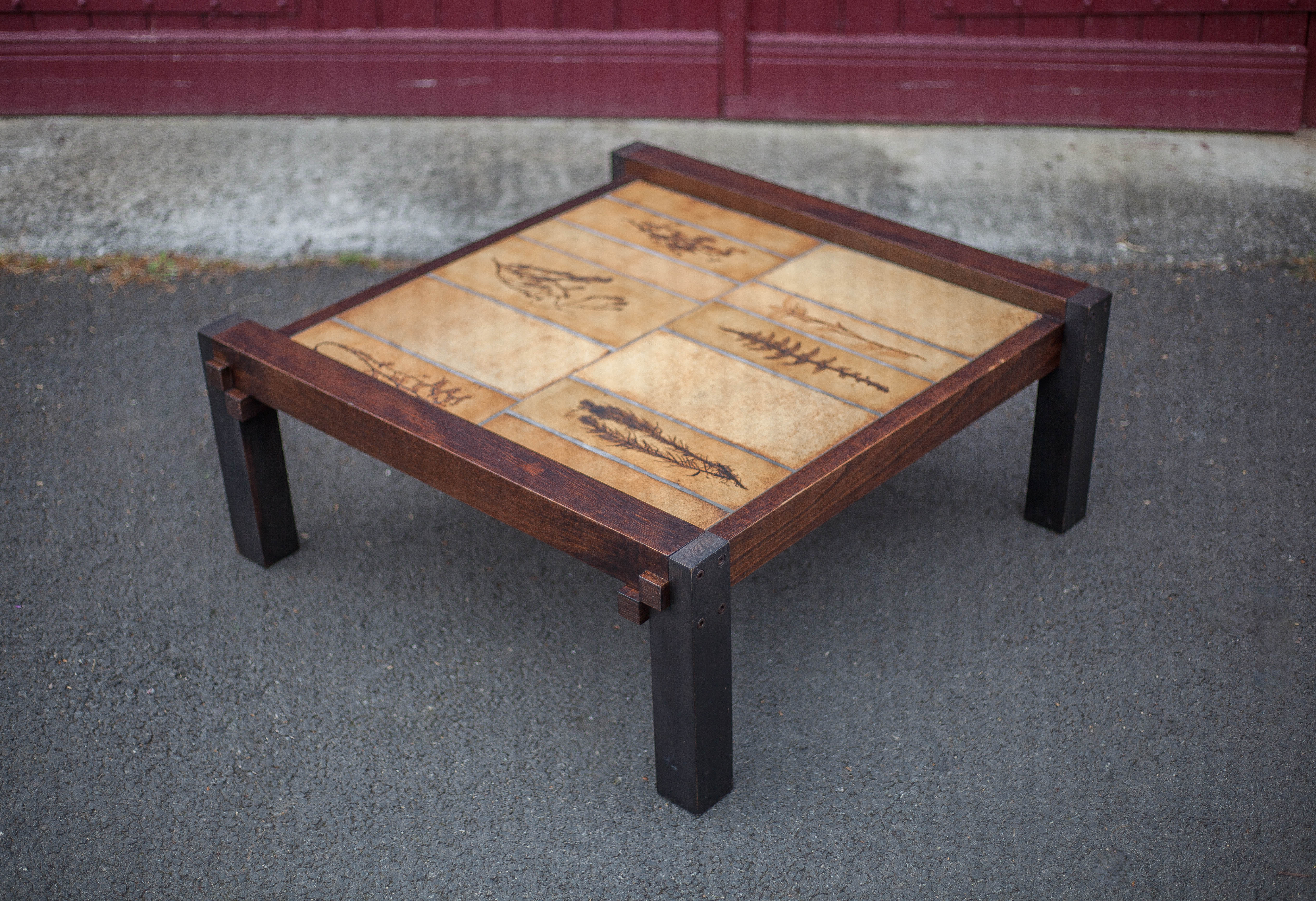 Herbarium ceramic coffee table with wooden structure, capron table, interior decoration