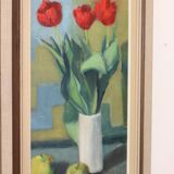 1970's Large Swedish Mid-Century Oil On Board Painting" Still life Tulips " by Hugo Olsson