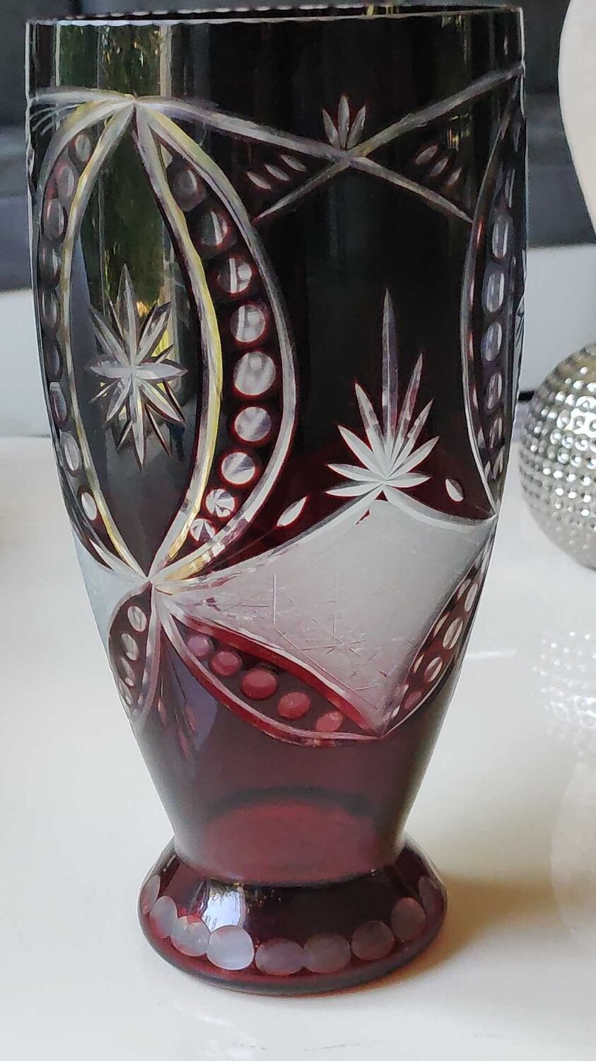 Bohemian/Czech Boho crystal vase, Burgundy red, vintage