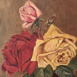 Oil on cardboard panel bouquet of roses in round vase, signed f. mas 1935